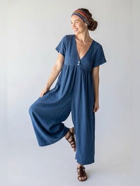 NATURAL LIFE Barrel Leg Jumpsuit Linen Blend Indigo Blue New